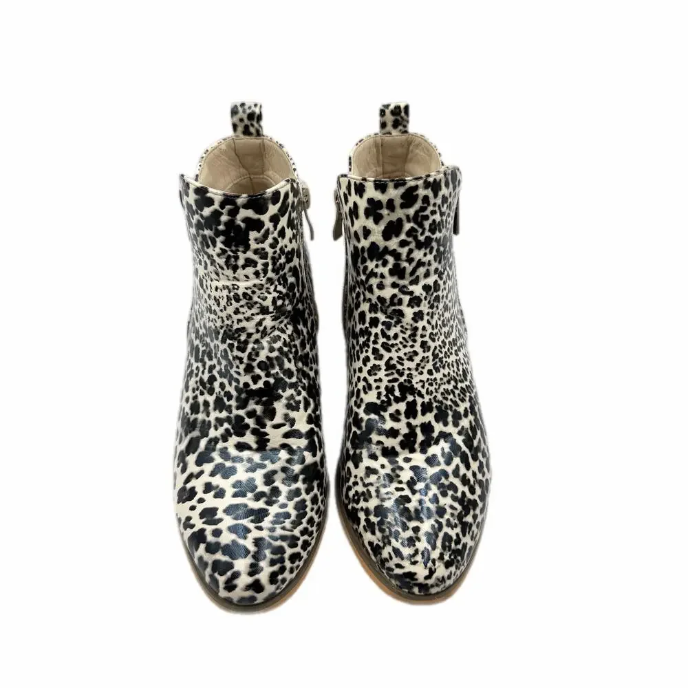 Journee Collection Rebel Leopard Black White & Gray Side Zip Block Heel Booties
